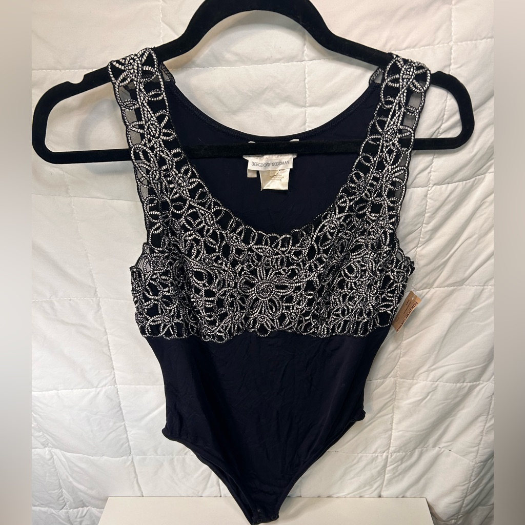 Escada Bodysuit Top Navy Blue And Silver Bling Glam Size 8